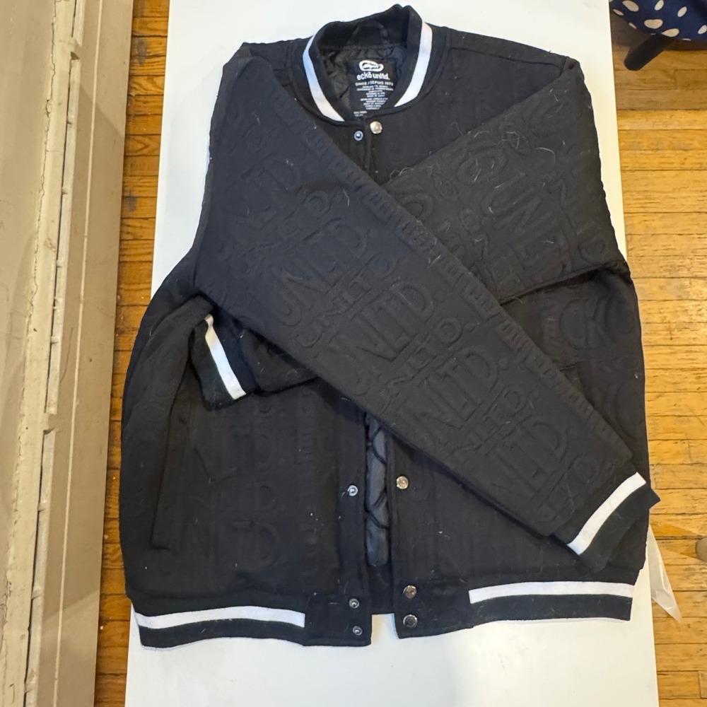 Ecko Unltd Mens Varsity Bomber Jacket Black Embossed Logo Quilted Medium - READ